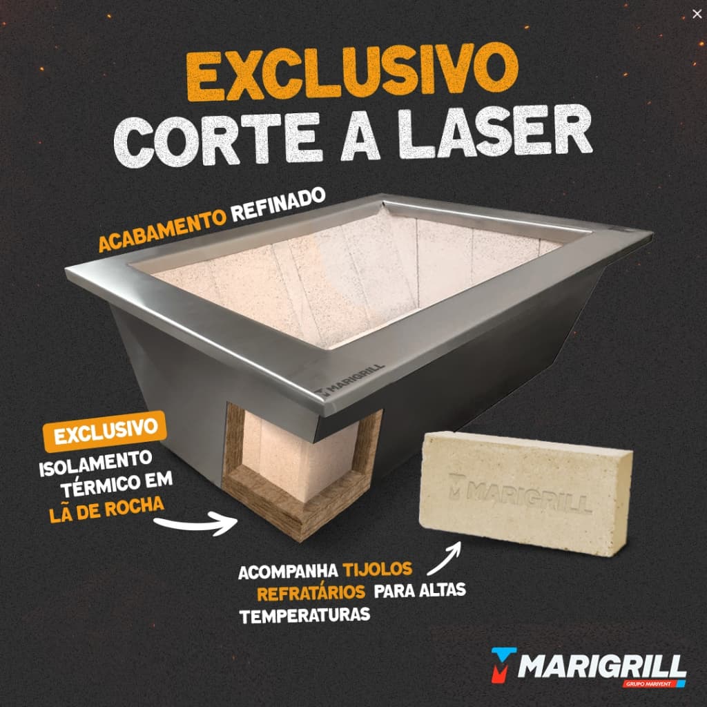 Kit Braseiro 71x50cm Marigrill Inox 304 +Suporte Flutuante Inox Escovado + 5 Espeto+ Grelha Argentina + Grelha auxliar