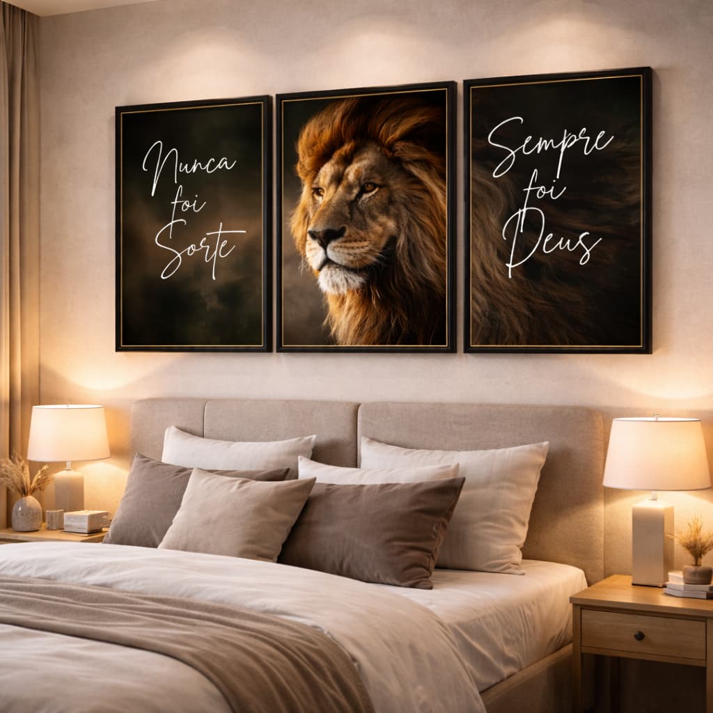 Quadro Decorativo Leão 3 Peças Mosaico Sala Quarto Luxo Moderno Parede ENVIO FULL