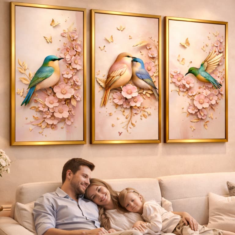 Quadro Decorativo Passaro Rosa 3 Pecas 50x30 Mosaico Sala Quarto Luxo Moderno Parede Decoração FULL