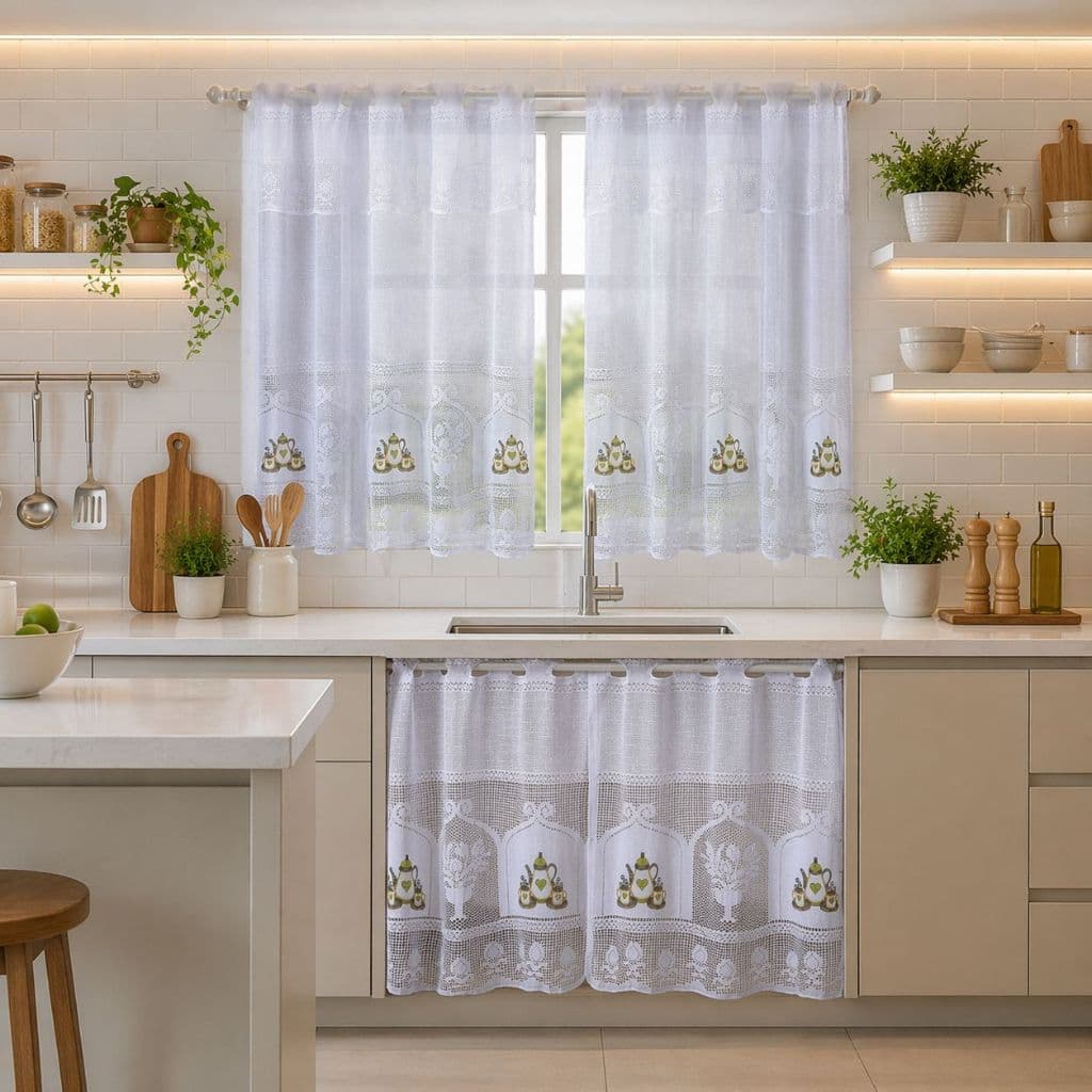 Kit/ Jogo Cortina de Pia Elegante + Cortina para Cozinha Renda Luxo Branca Estampa Café Bule Xícaras