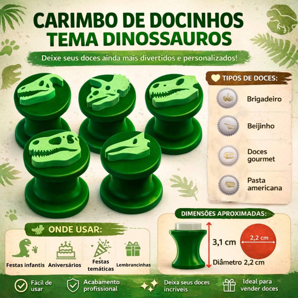 Carimbo de Docinho Dinossauro Jurassic Park Kit Com 5 Unidades Aniversários Resistente