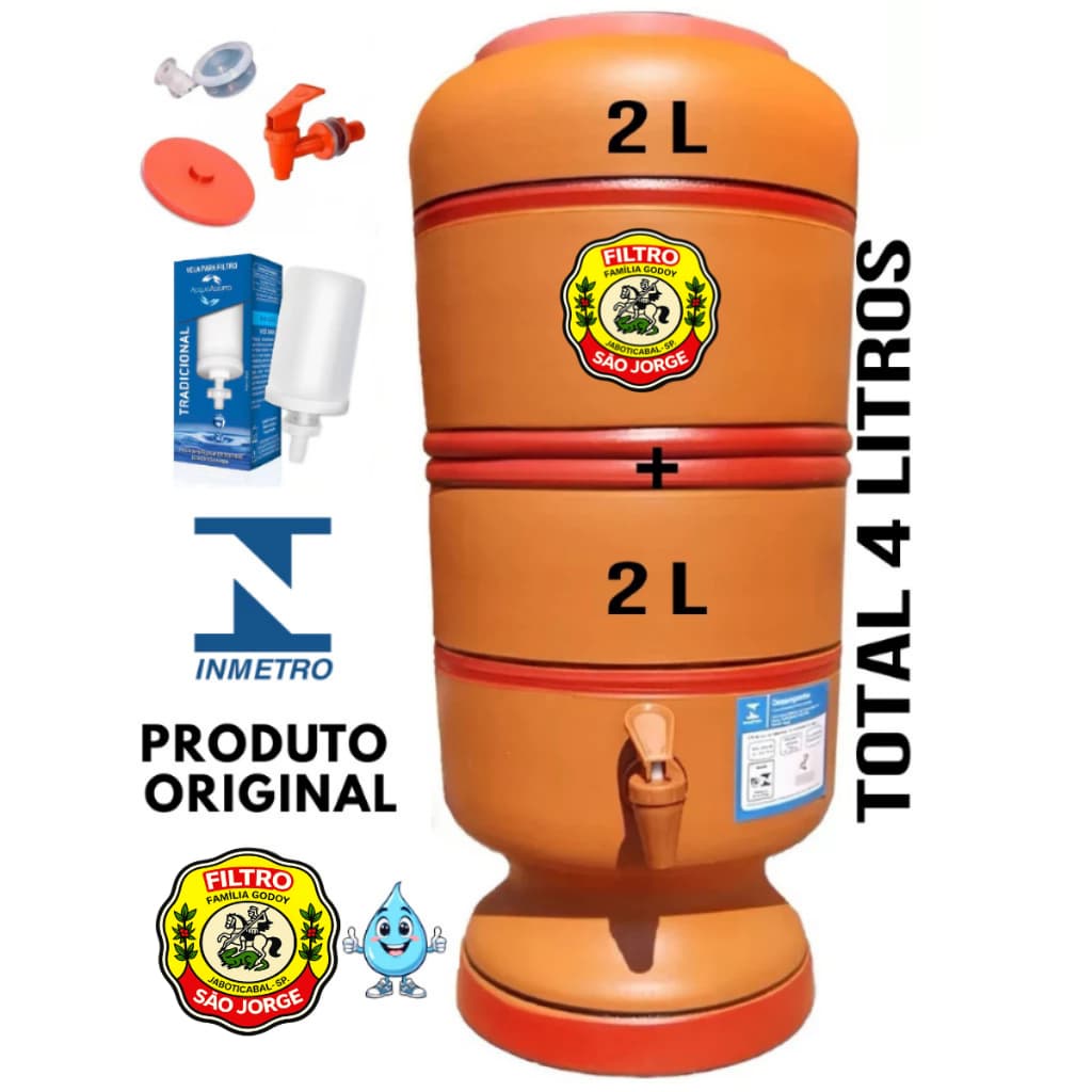Filtro de Barro Sâo Jorge 2+2 Litros Total 4L com Vela, Boia e Torneira