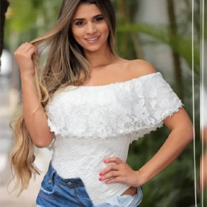 Body Renda Feminino Babado Manga Curta Renda Ombro a Ombro bory feminino