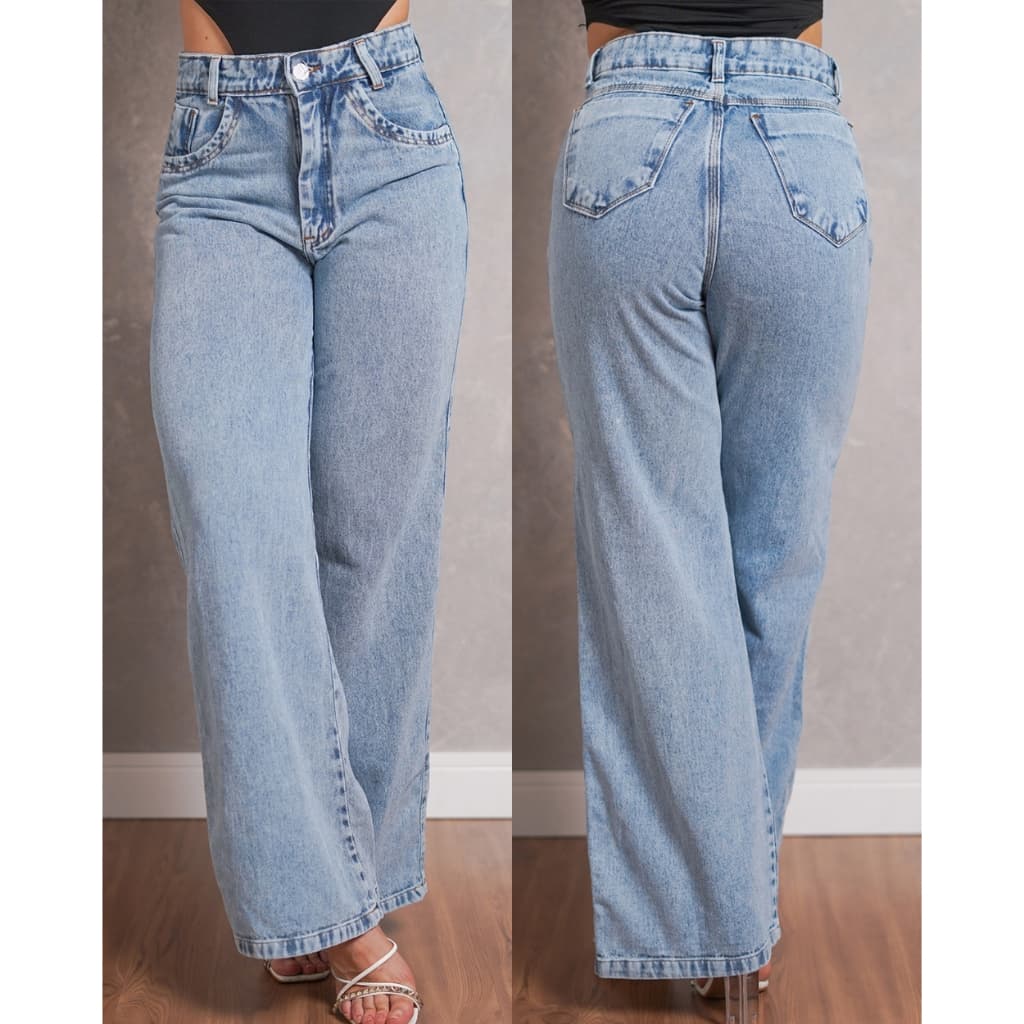 Calça Jeans Feminina Wide Leg Pantalona Cintura Alta Marmorizada Sem Lycra Boca Larga Elegante