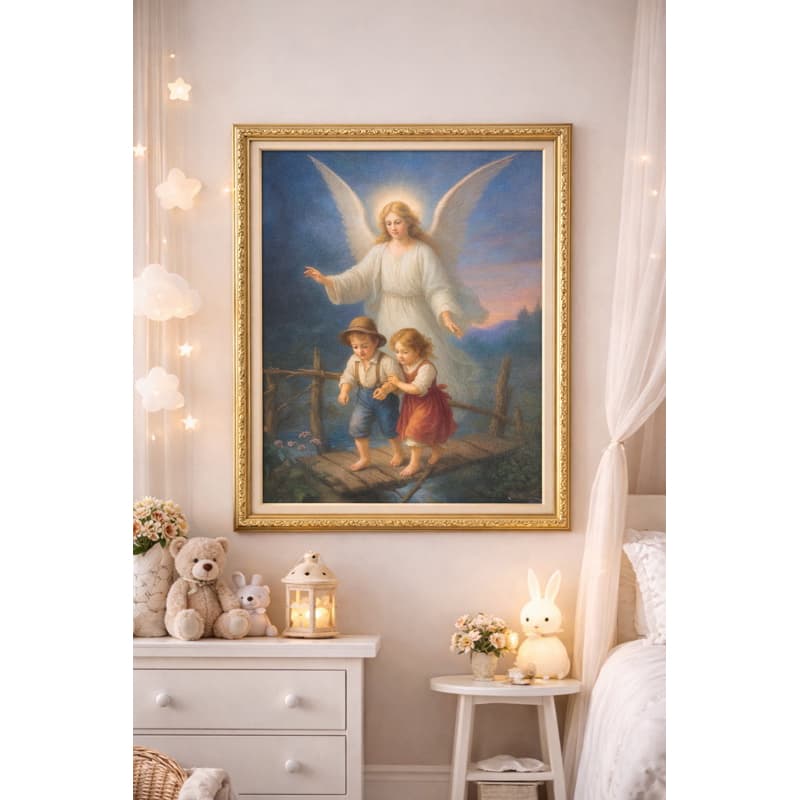 Quadro Decorativo Anjo da Guarda Infantil 50x40 Moldura Dourada Luxo Proteção Crianças