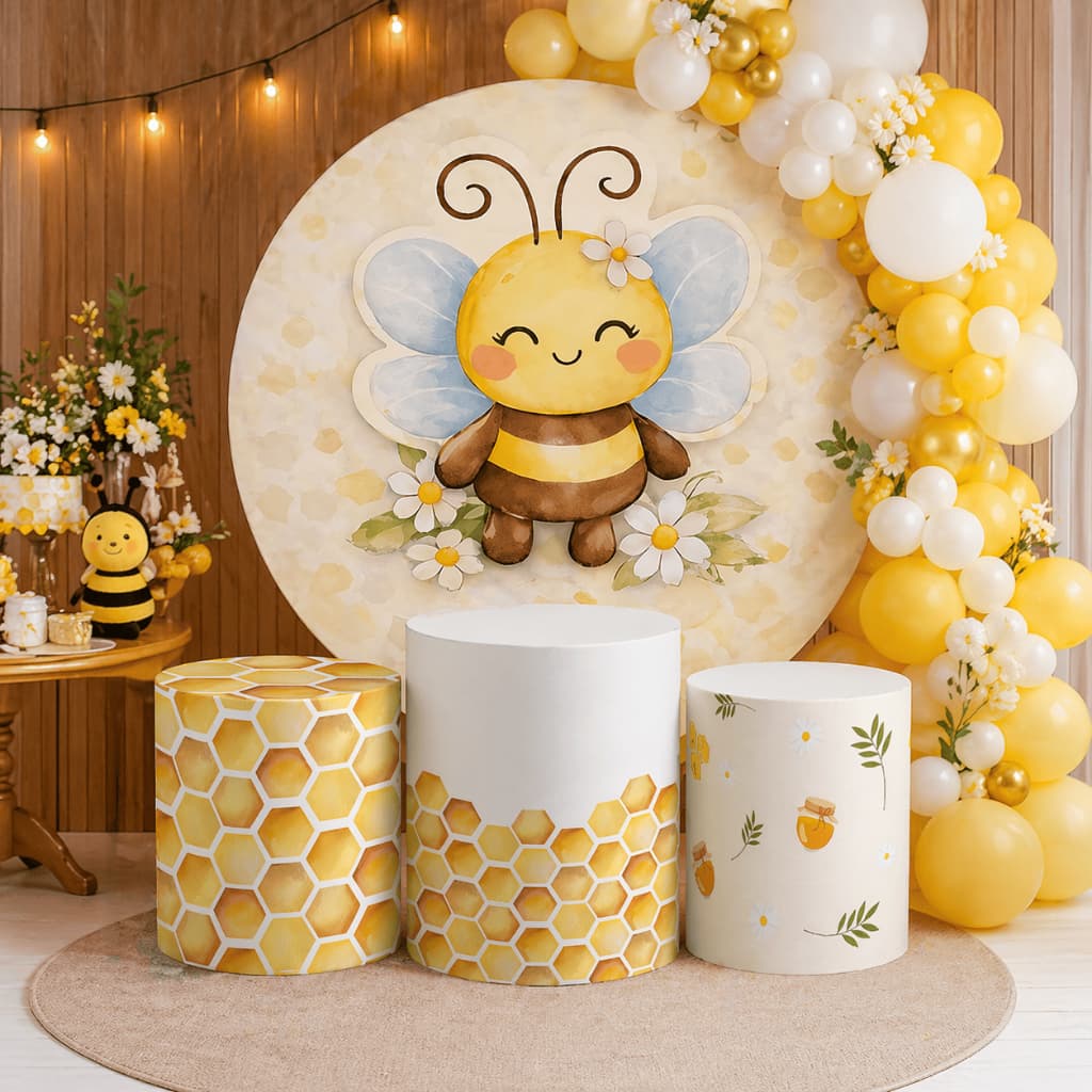 Capa Painel Redondo + Trio Cilindro Abelhinha Baby Festa Infantil Sublimado Veste Fácil Bibi Painéis