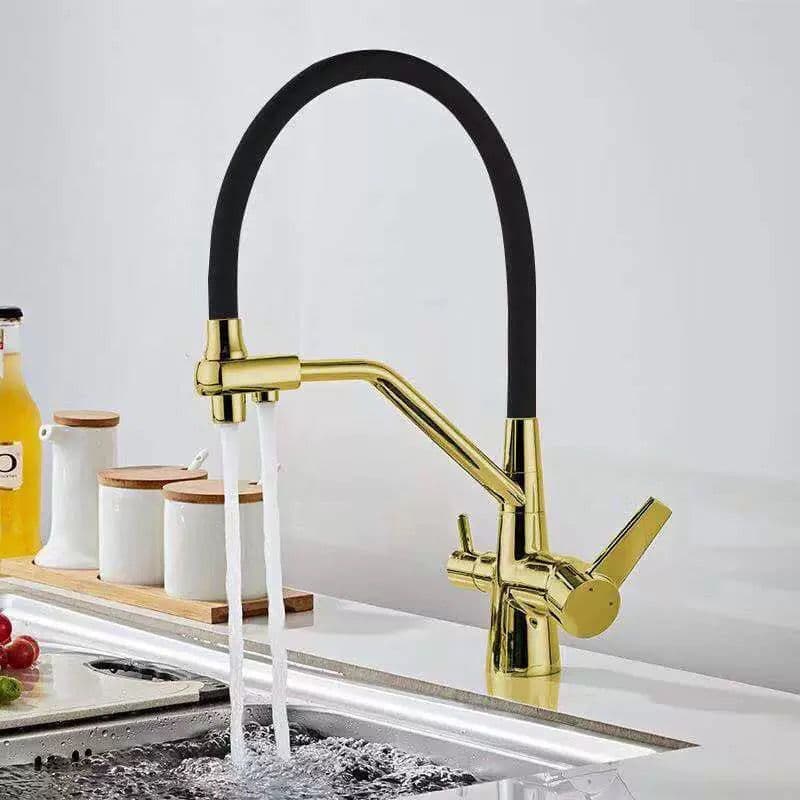 Torneira de Cozinha Metal 3 em 1 Premium com Tubo Flexível Misturador Quente/Frio + Água Filtrada