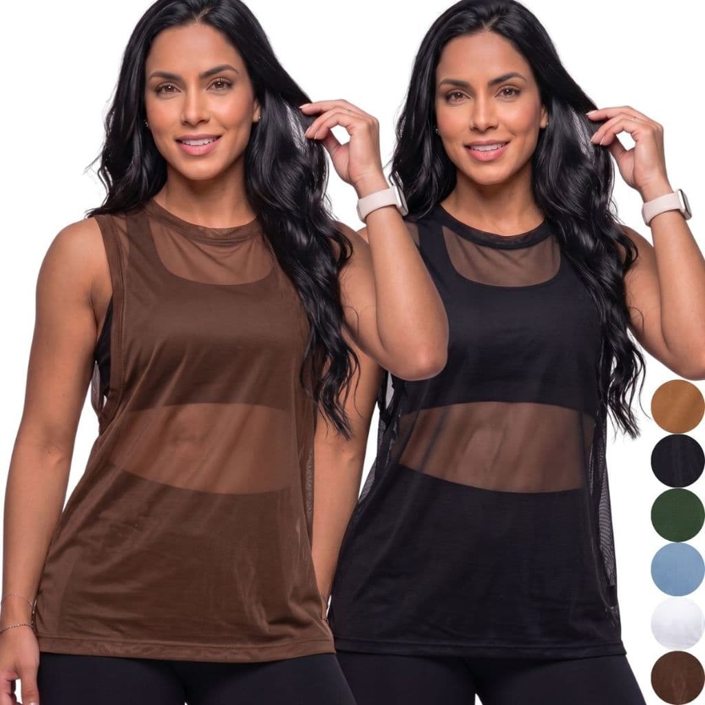 Kit 2 Blusa Feminina Tule Transparente Regata Arrastão Academia Fitness Moda Treino Camisão