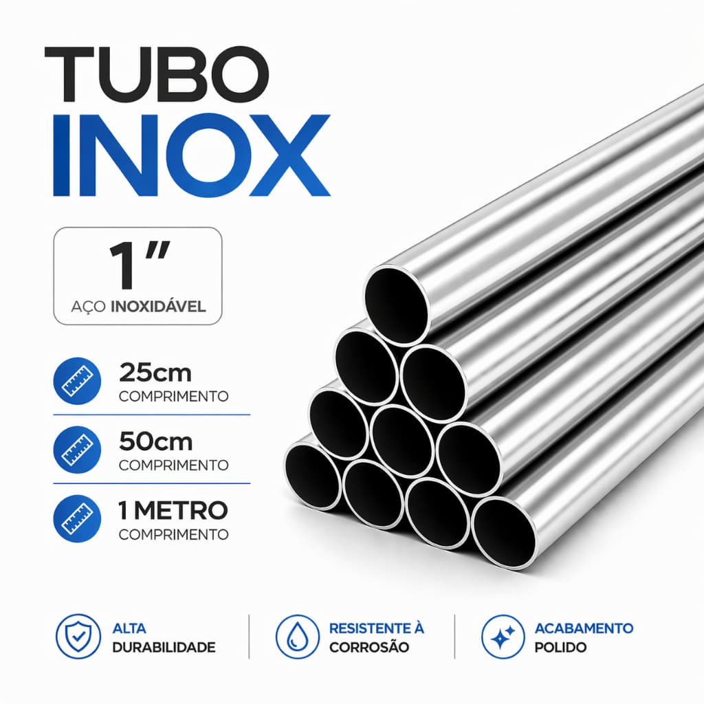 Tubo Inox 1" (25,4mm) Espessura 1,2mm – Barra 25cm, 50cm e 1 Metro | Aço Inoxidável Polido Alta Resistência 1 Polegada