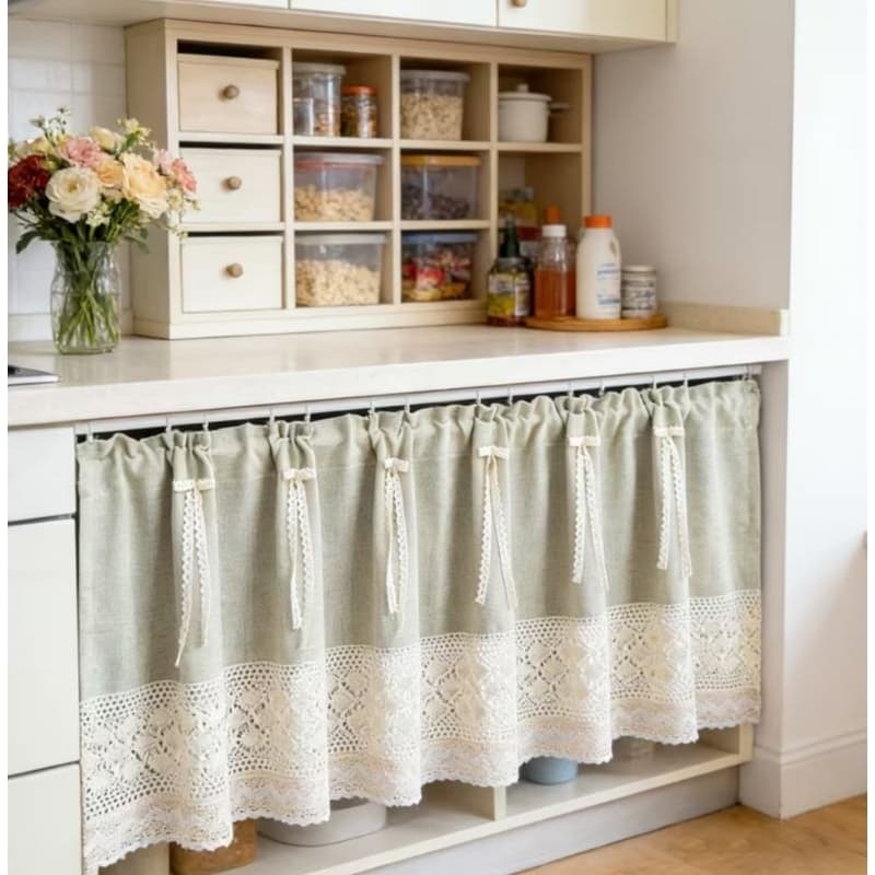 cortina verde boho, cortina de cozinha vintage