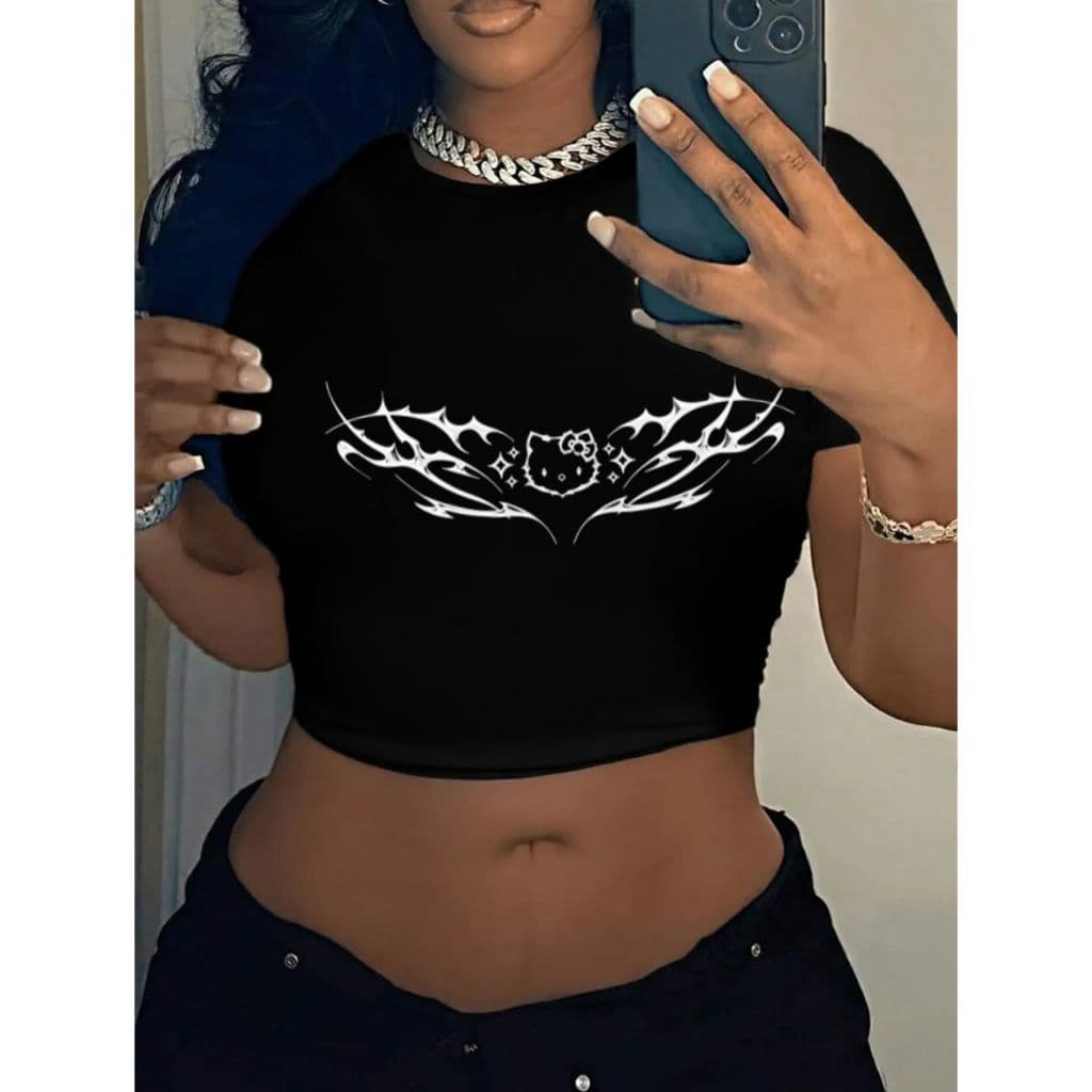 Blusa Slim Fit Baby tee Babylook suplex compressão colada feminina estampada y2k tribal hello estilo