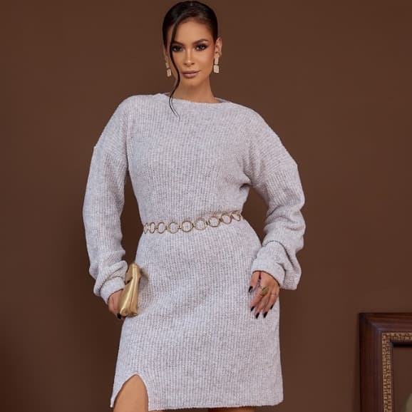 Vestido Mousse Elegante Tricot Inverno Confortável Casual Dia a Dia Fenda Lateral Tendência