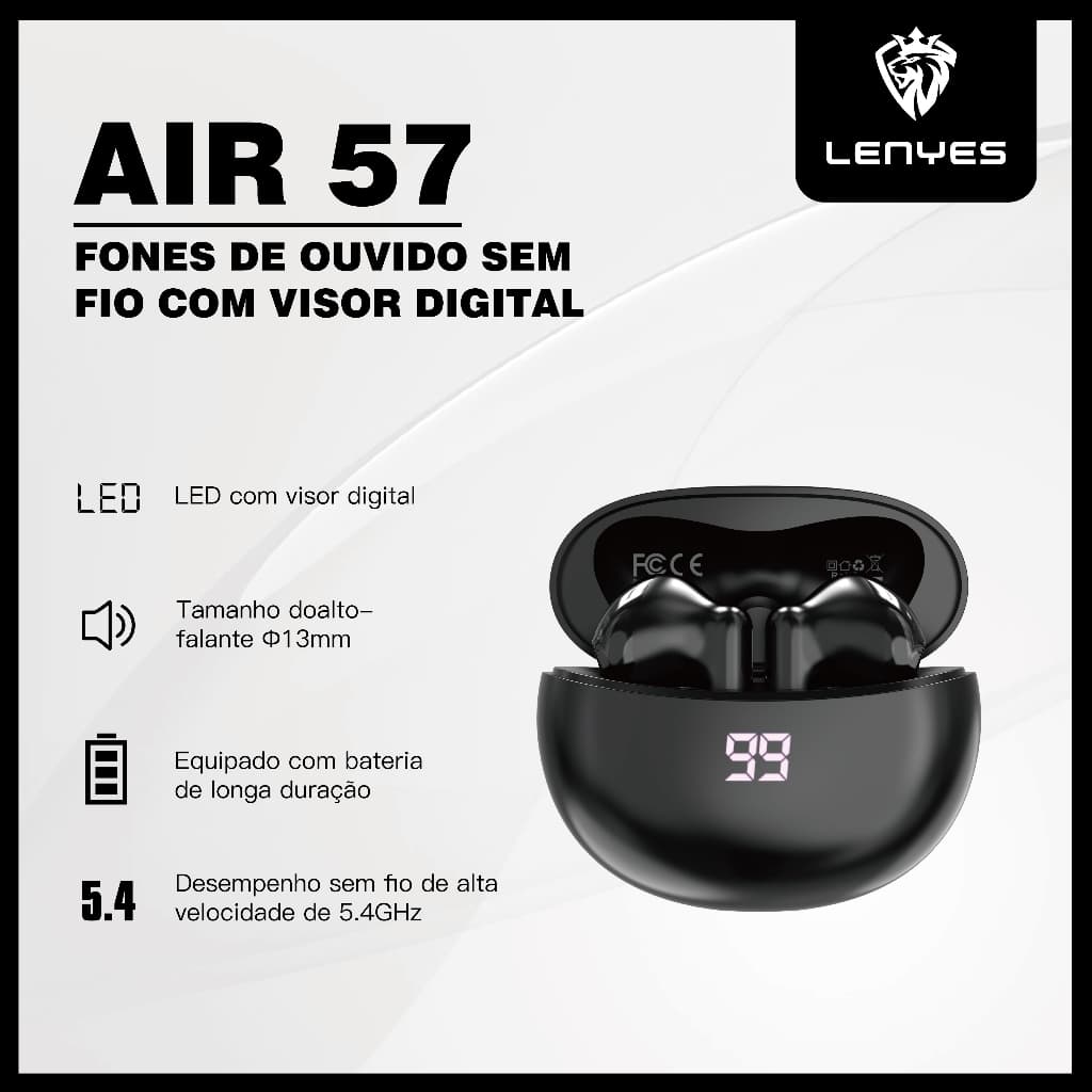 Fone de ouvido Bluetooth sem fio V5.4 Case Com Display Digital Autonomia de 20 Horas LENYES
