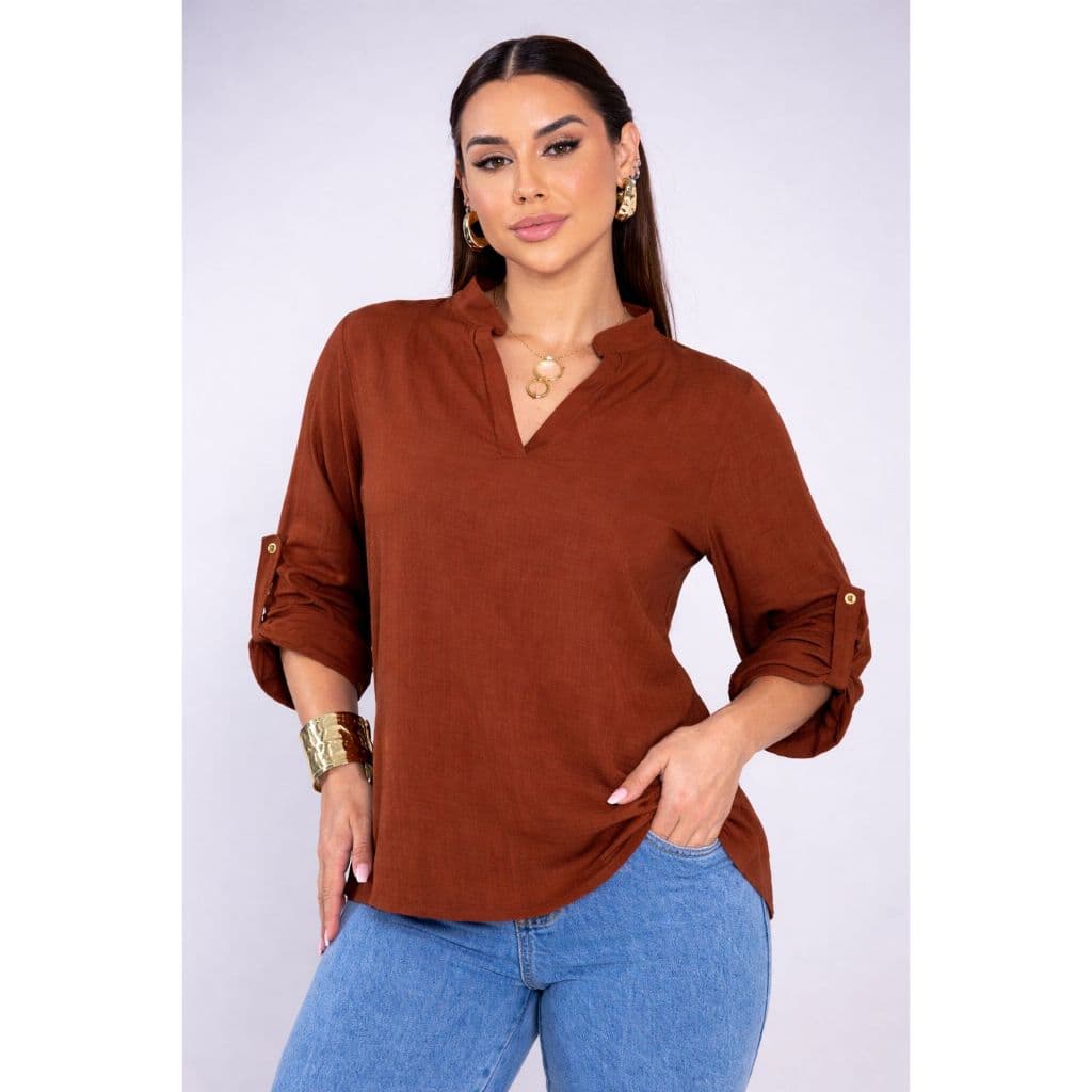 Blusa Feminina Preta Manga Três Quartos Decote V Elegante Casual Confortavel Tendencia 2026