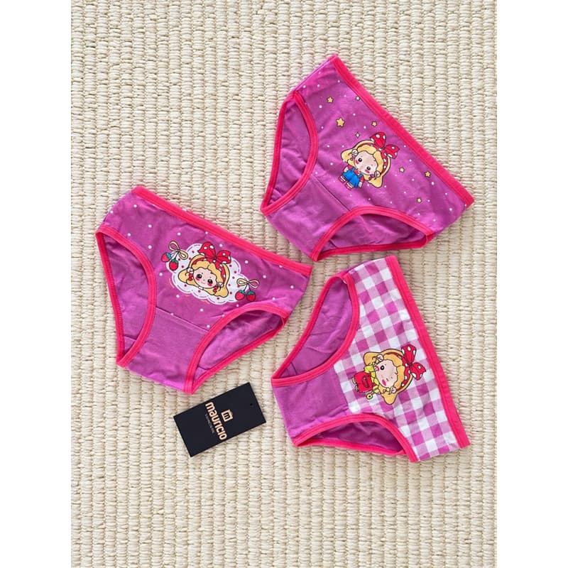 Calcinhas infantil estampada kit com 3 unidades estampa boneca