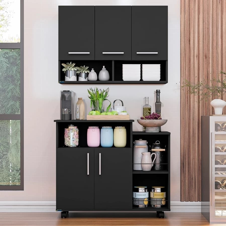 Cozinha Armário Compacto 3 Portas e Balcão Multiuso com Rodinhas e Suporte Microondas