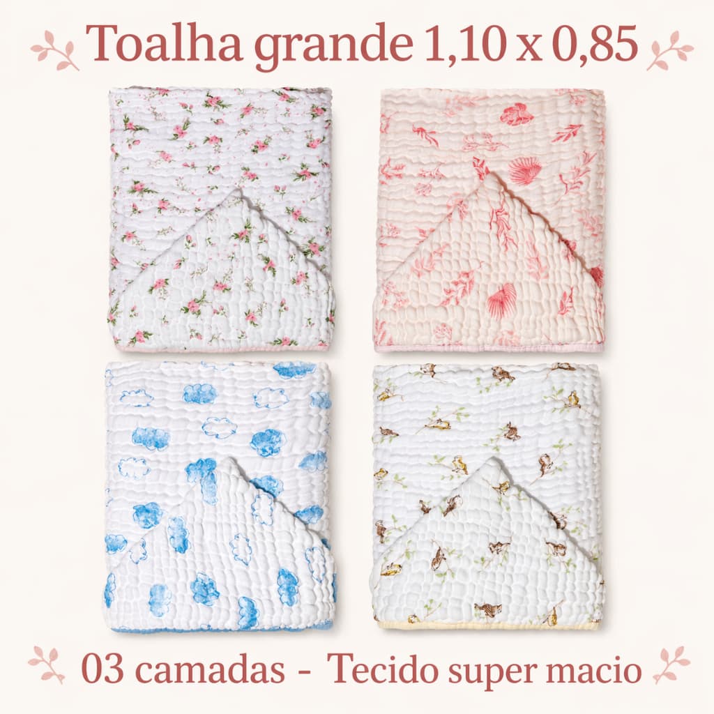 Toalhão de Banho para Bebê OU Criança com Capuz Tecido Fralda Soft 3 Camadas 110x85cm Papi