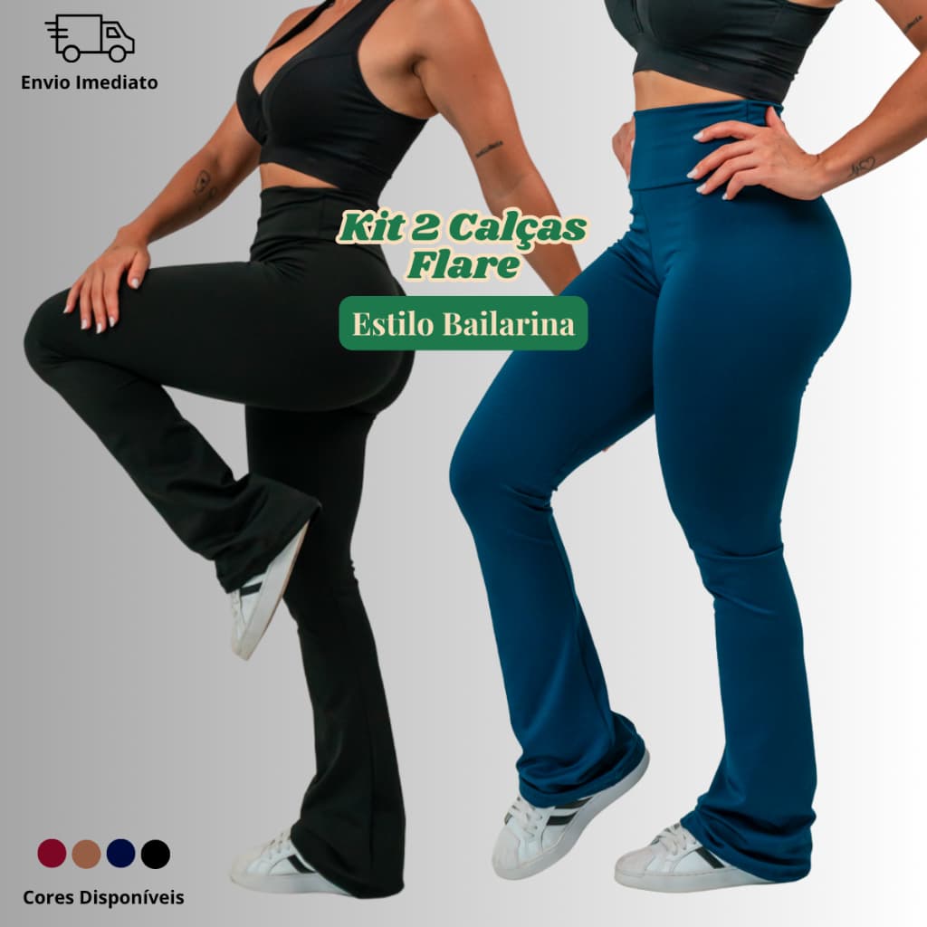 KIT 2 CALÇAS LEGGING FLARE LEG Boca De Sino Bailarina Grossa Cintura Alta Zero Transparência