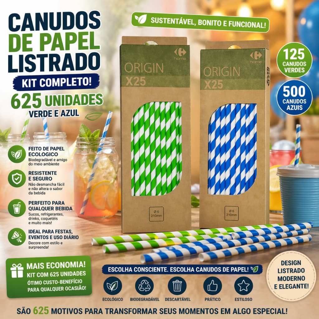 Kit Canudos de Papel Listrado 625 Unidades Verde e Azul Descartável Festa Drink Sustentável