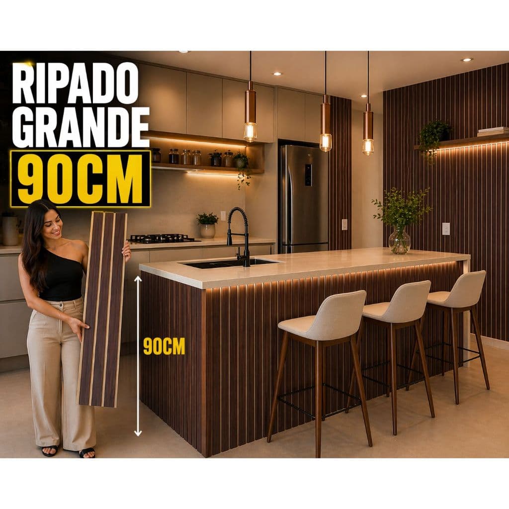 Kit 40 Placas Ripada Grande MDF Premium 90x10 Painel Parede Decorativo Autocolante Sala de Tv Quarto