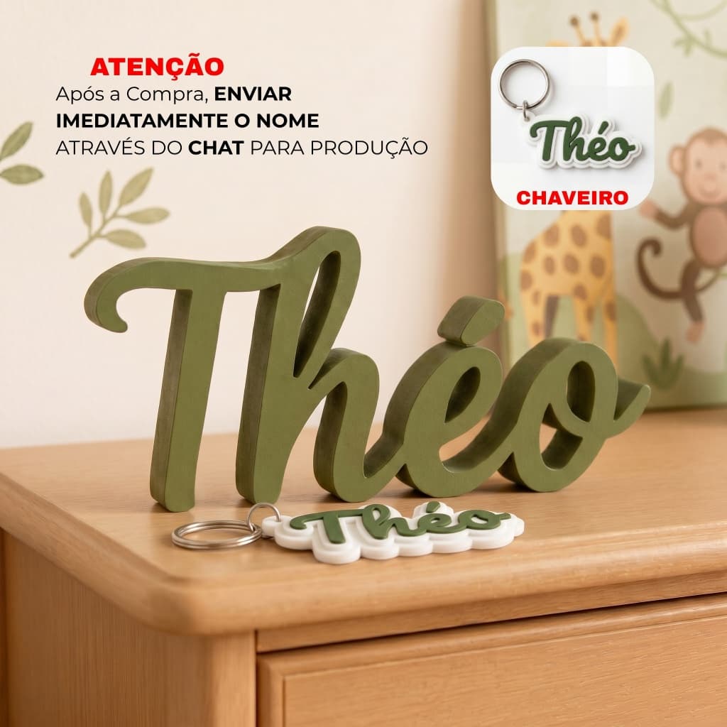 Letreiro Nome 3D Personalizado + Chaveiro Mesa Bebê Quarto Aniversário Chá Batizado Decorativo