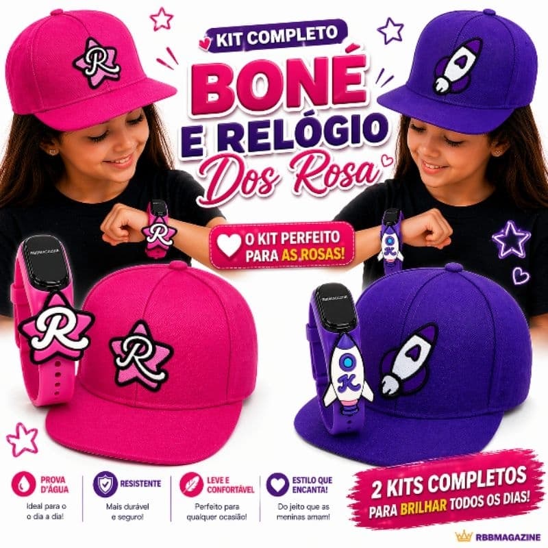 Kit Os Rosa Boné e Relógio Infantil Emily Vick,  Ketlin, Void e Leozin