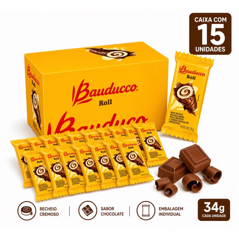 Kit 15 Bauducco Roll 34g I Caixa com 15 unidades I Chocolate Original I Ideal para Lanche Escolar