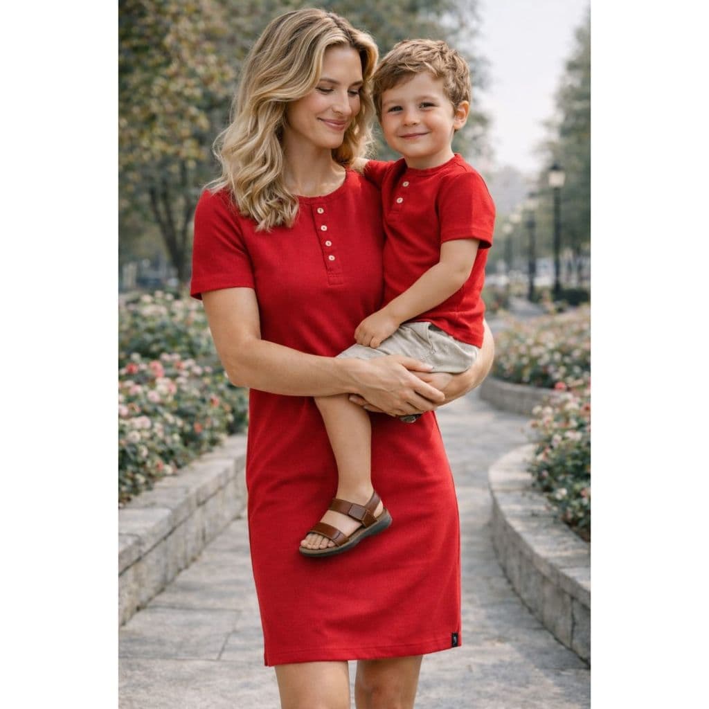 MÃE E FILHO - Kit 02 Peças - Vestido Henley + T-shirt ou Body Infantil Unissex - Vermelho