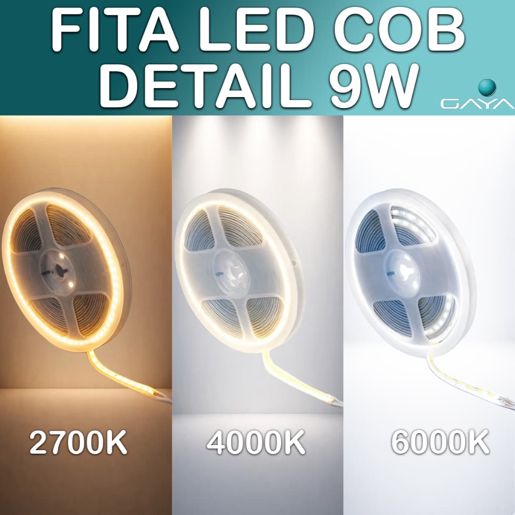 Fita Led COB 9W 12V 5m Gaya 2700K 4000K 6000K Bivolt Alta Luminosidade Autoadesiva IP20 Interior