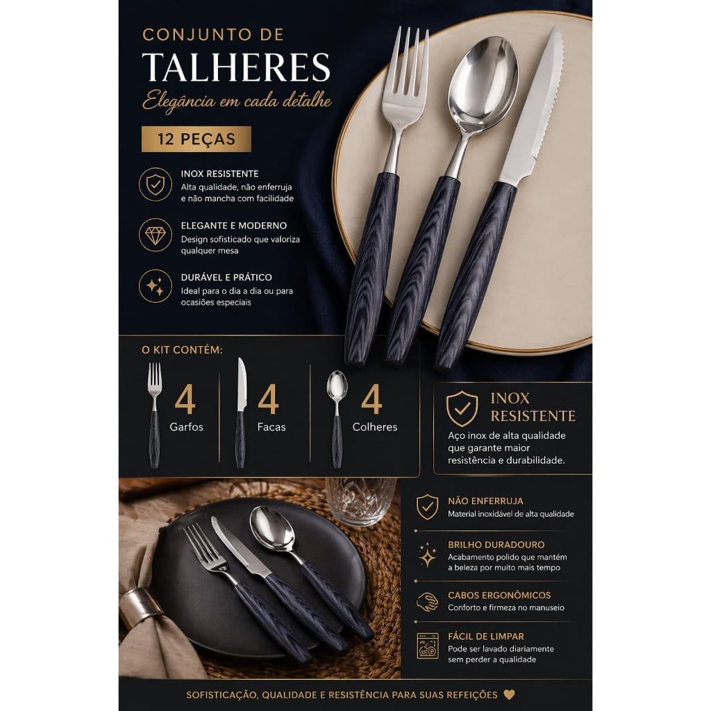Conjunto talheres 12 peças de inox / Preta cozinha faqueiro garfo faca