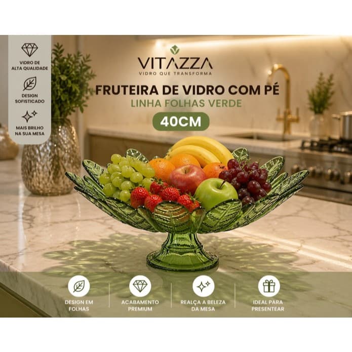 Fruteira De Vidro 40cm Centro De Mesa Com Pé Folhas Cor Verde Vitazza