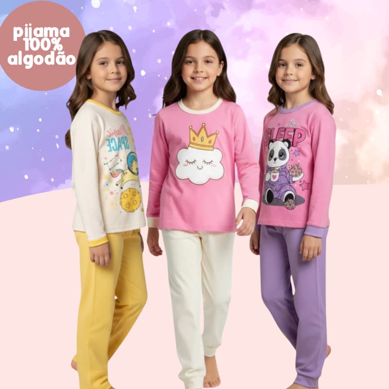 Kit Pijama Menina 100% Algodão Pijama Infantil de Inverno Roupa de Dormi Juvenil Tamanho 1 ao 14 Anos