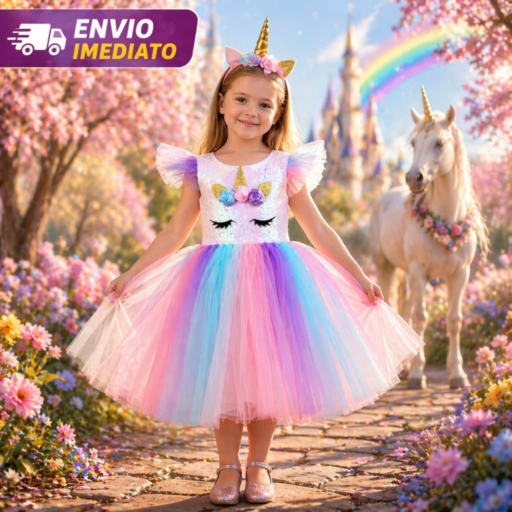 Vestido Fantasia Infantil Princesa Estilo Unicornio Carnaval Festas SEM TIARA