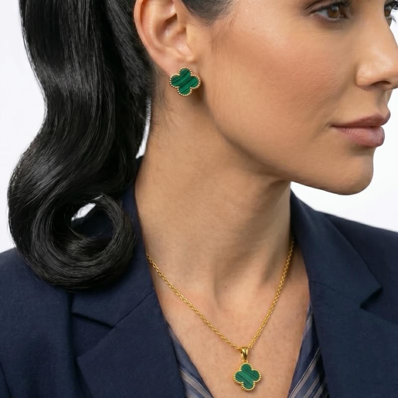 Conjunto Trevo Ouro - Colar + Brinco - Folheado a Ouro