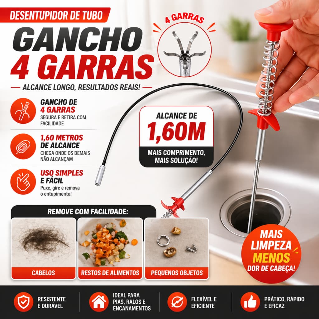 Desentupidor Limpador Pegador Ralo Cozinha Pia Vaso Ralo Lixeira Canos Com Garras Pinça Flexível Extensão1,60 Metros