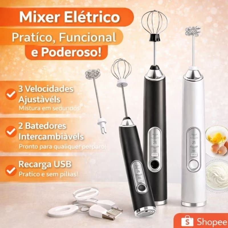 Misturador Batedor Mixer Elétrico Leite Café Bebidas Clara Ovos 2 Em 1 Recarregável