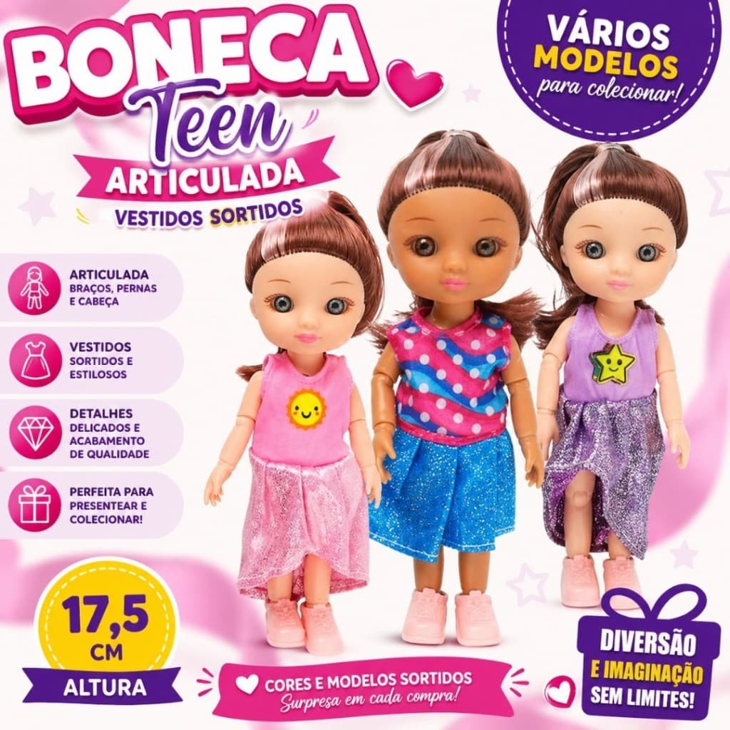 Boneca Teen Articulada com Vestidos Sortidos 17cm Brinquedo Infantil Menina