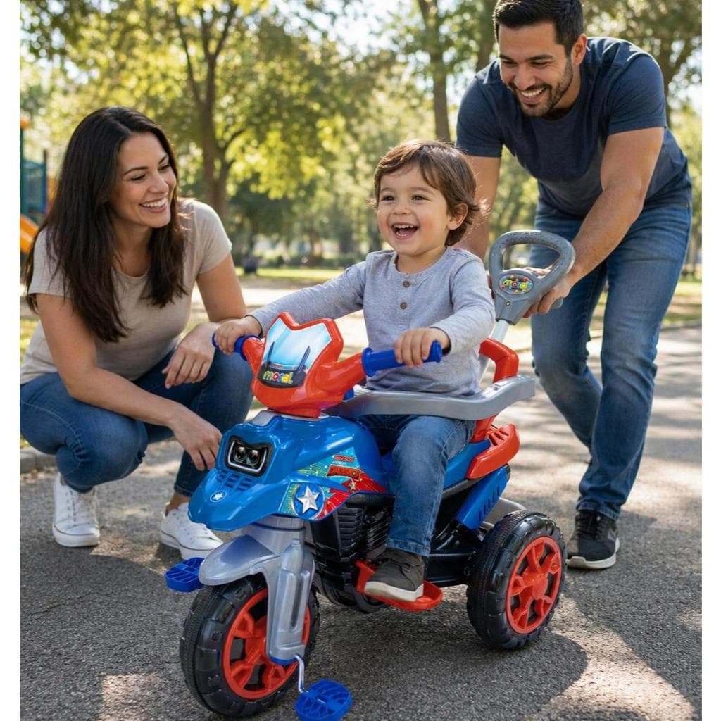 Triciclo Moto Infantil Azul Resistente Com Pedal E Haste Empurradora Ajustavel Seguro Conforto Menino