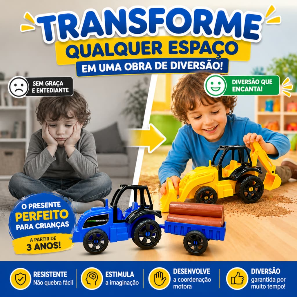 Brinquedo Trator e Retroescavadeira Infantil