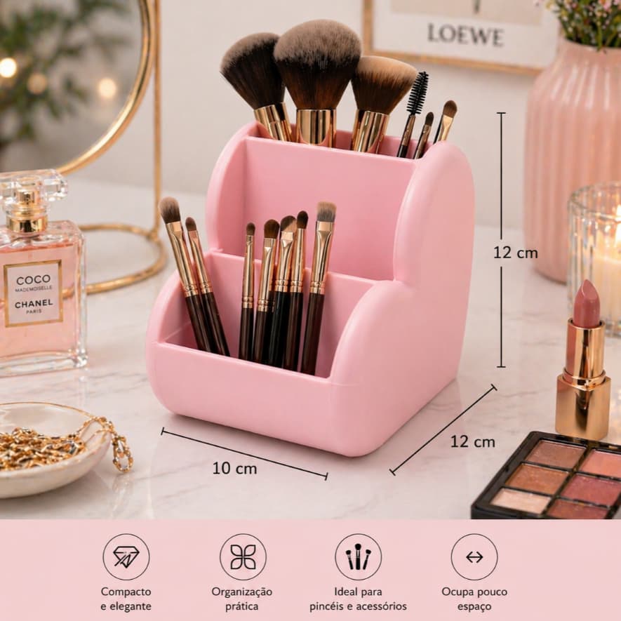 Organizador de Maquiagem Porta Pincéis Make Bancada 12cm – Porta Cosméticos Elegante Coração