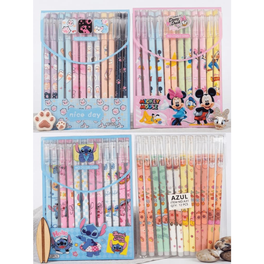 Canetas Gel Disney Mickey e Minnie/Patinhas/Stitch/Capivara 0.5mm – Kit com 12 Unid. Papelaria Fofa Kawaii, Tinta Azul