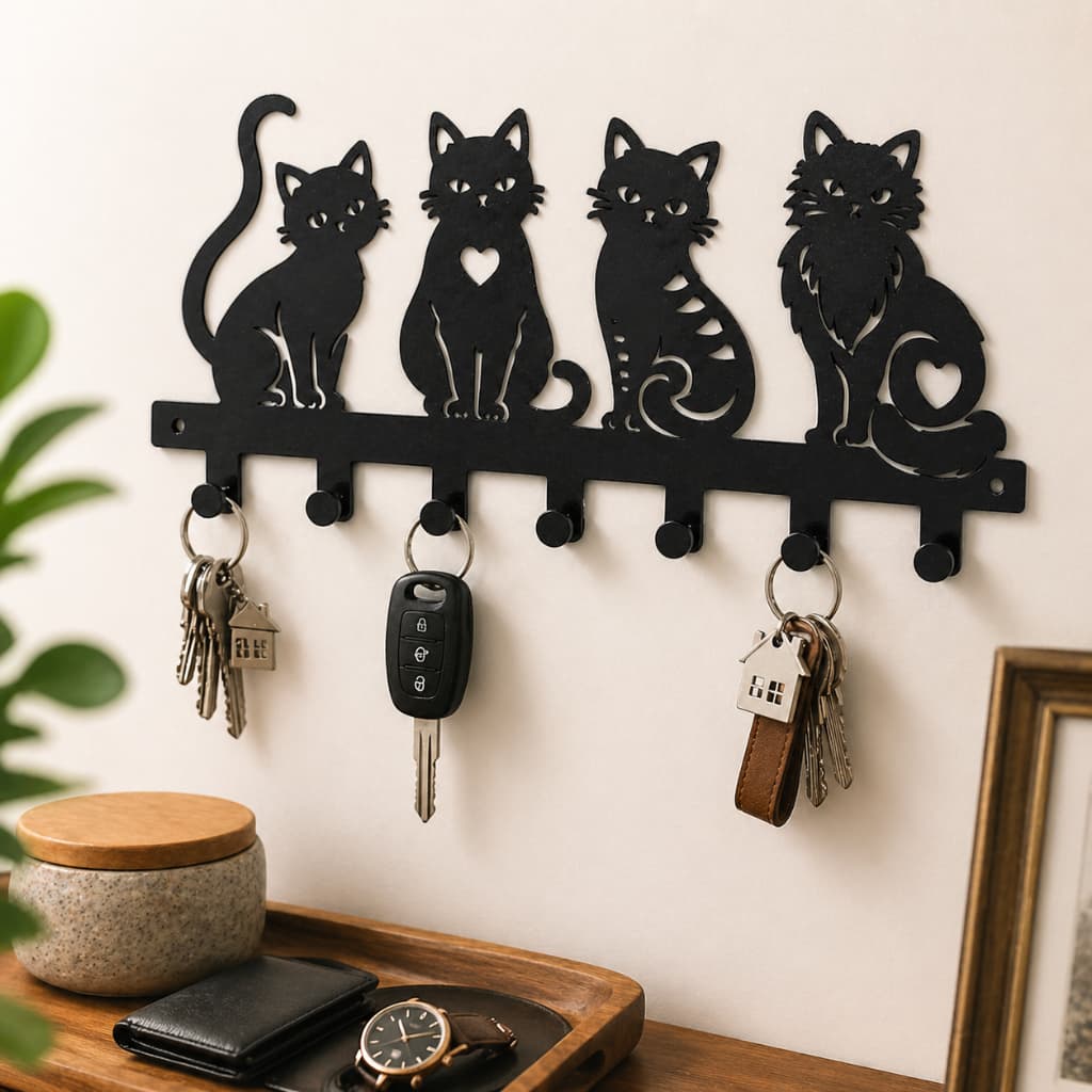 Porta Chaves Gatos De Parede C/ Ganchos Decorativo 7 Ganchos Chaveiro de Parede