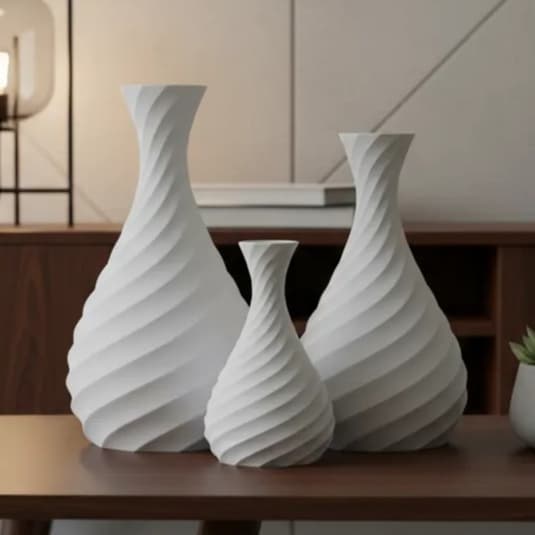Kit 3 Vasos Design Espiral Flor Moderno Branco Minimalista Decorativo Mesa Luxo Enfeite Sala