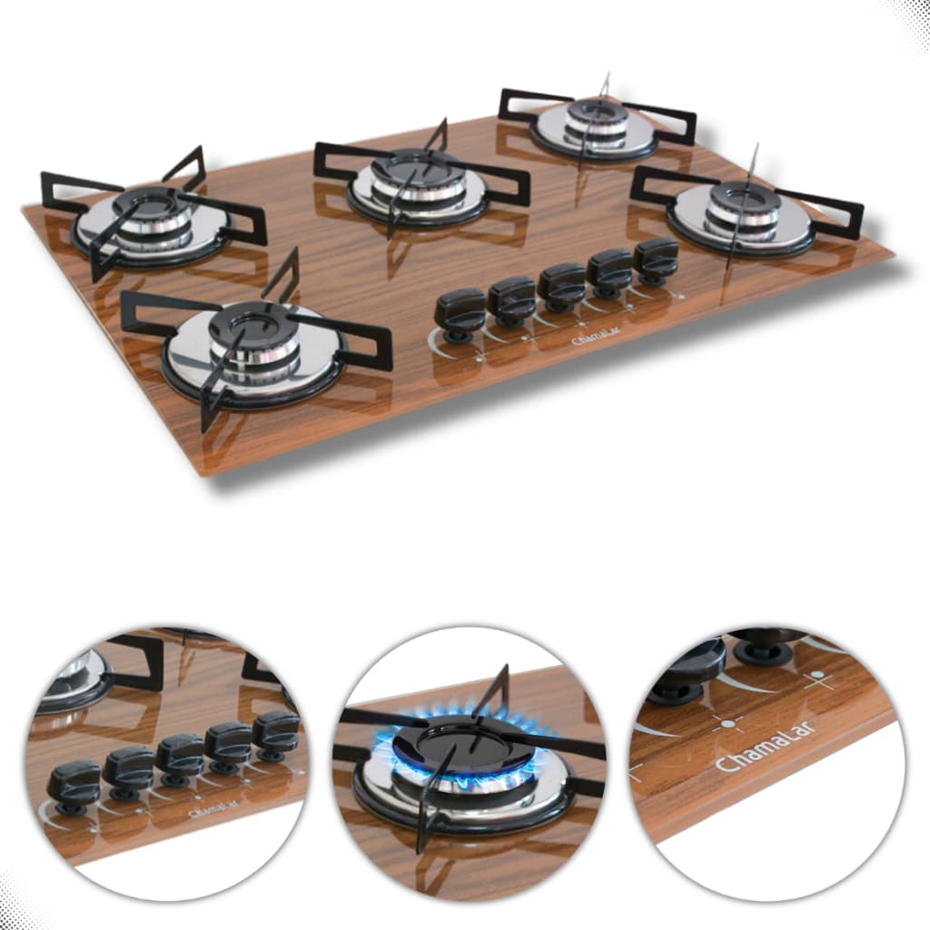 Fogão cooktop a gás 5 bocas ultra chama amadeirado escuro 127/220V Bivolt