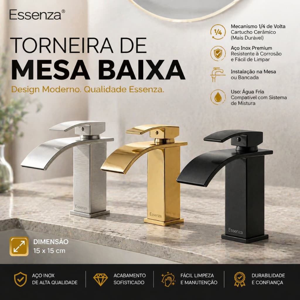 Torneira Banheiro Baixa Metal Inox Luxo Lavabo Cuba Embutir Mão 1/4 Volta Essenza