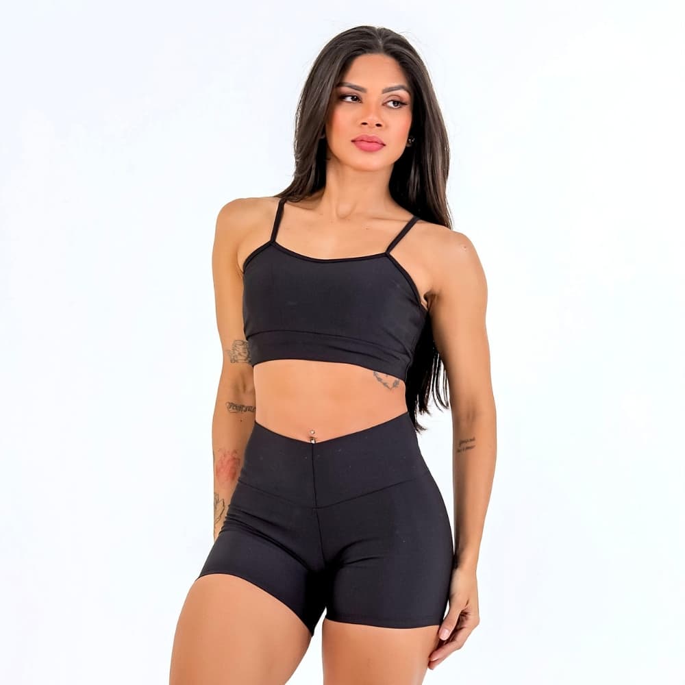 Conjunto Fitness Feminino Top Alcinha + Short Sem Transparência Alta Compressão Academia Minay