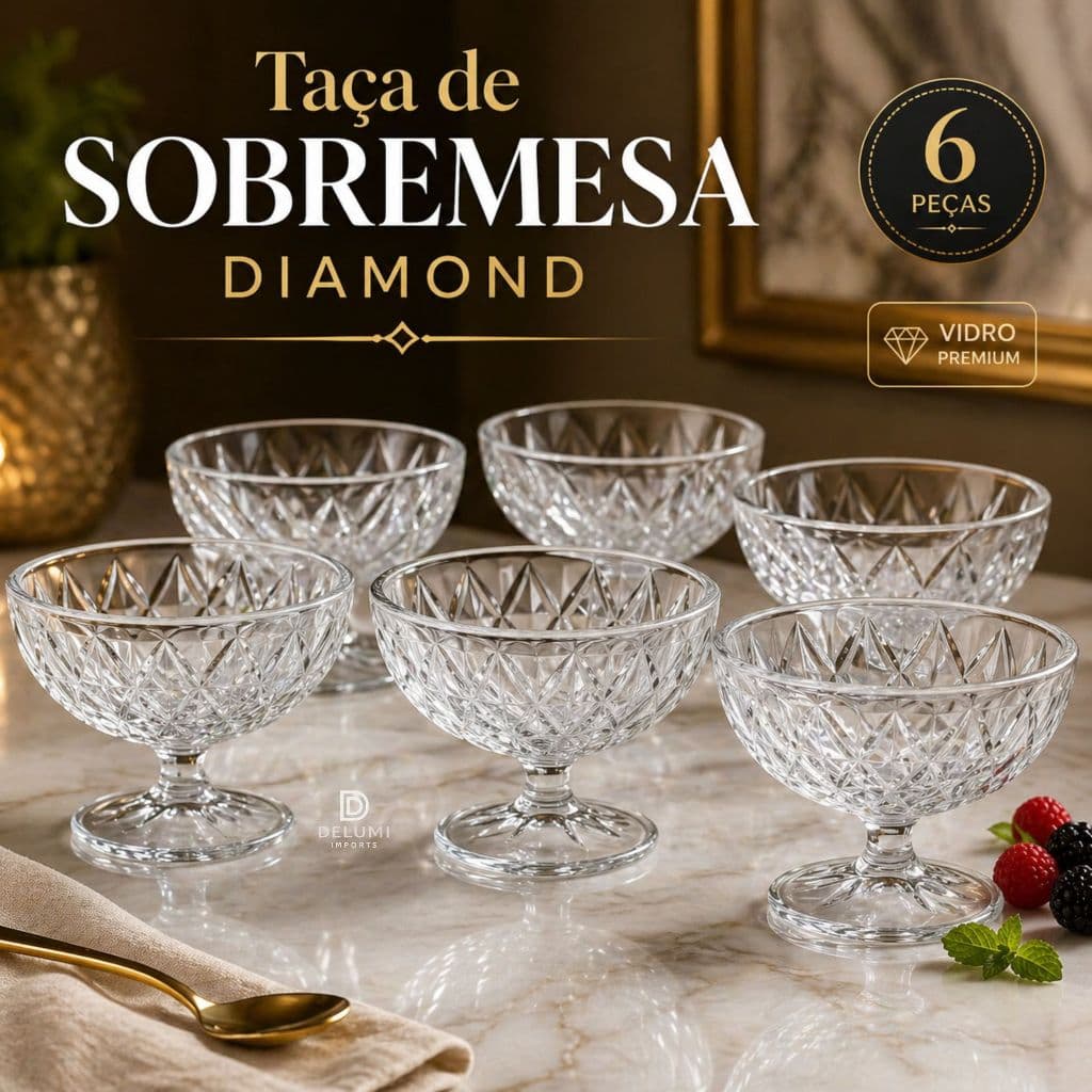 Jogo 6 Taças De Sobremesa Vidro Diamante 270ml 💎 Kit Completo Para Sorvete Doce Salada de Frutas Mousse Coquetel Luxo 🍨