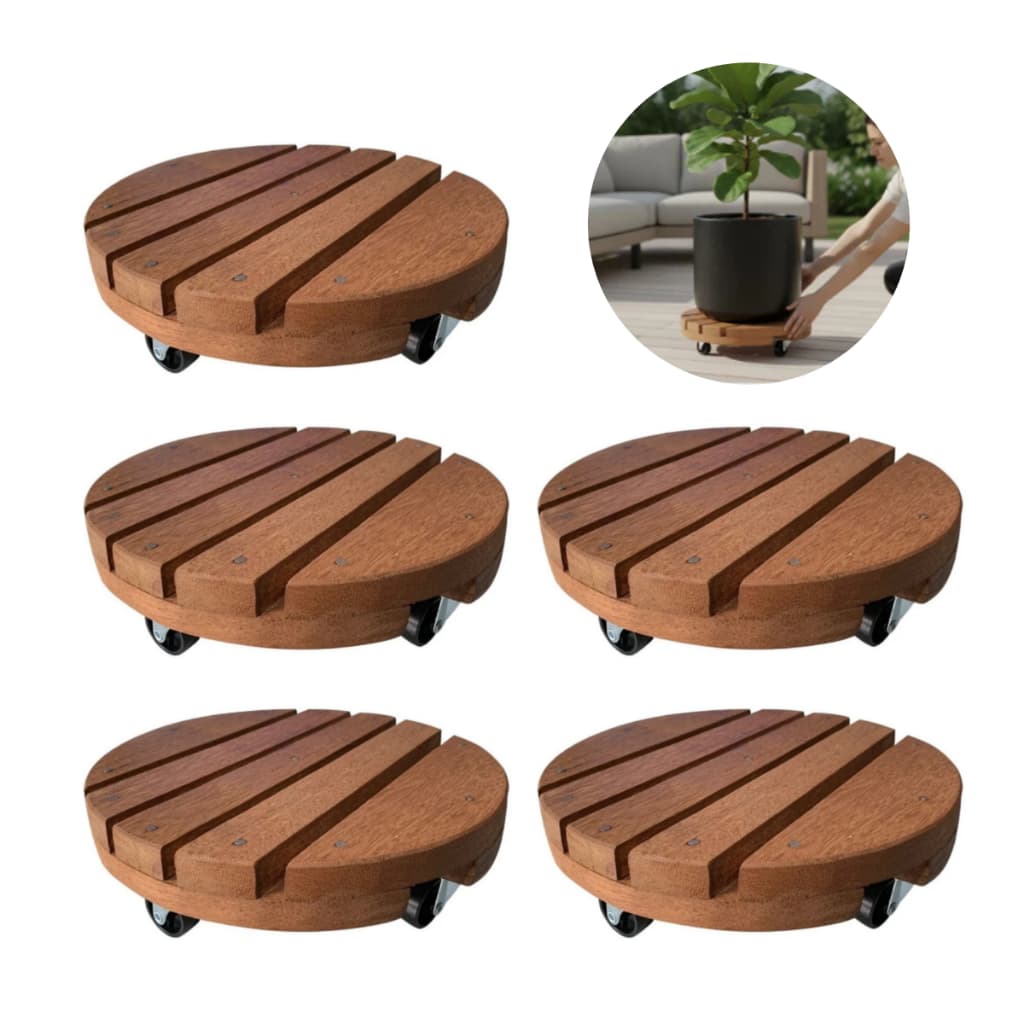 Kit 05 Suporte Vaso De Planta Rodízio Madeira Redondo Rodinhas Multiuso Envernizado 20cm 25cm 30cm