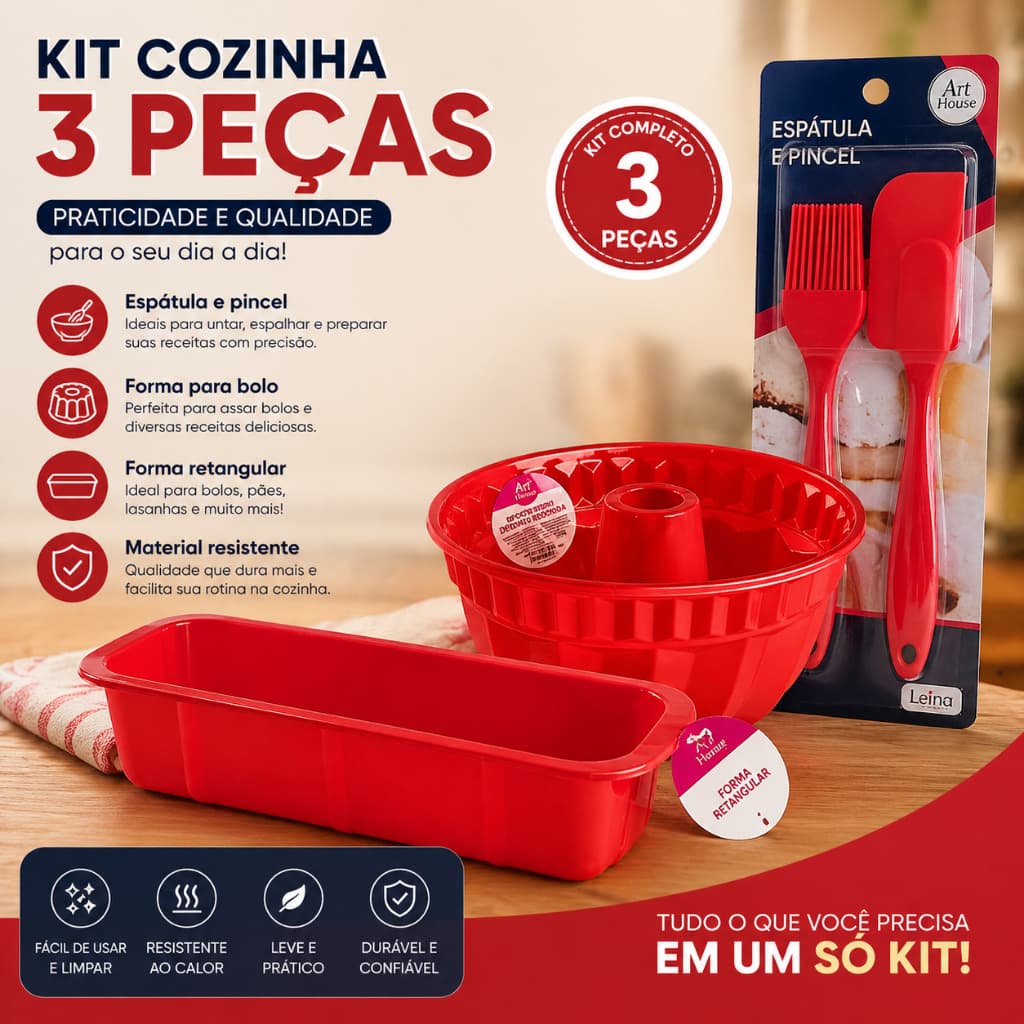 KIT 3 PEÇAS SILICONE FORMA BOLO REDONDA + FORMA RETANGULAR + ESPÁTULA E PINCEL CULINÁRIO