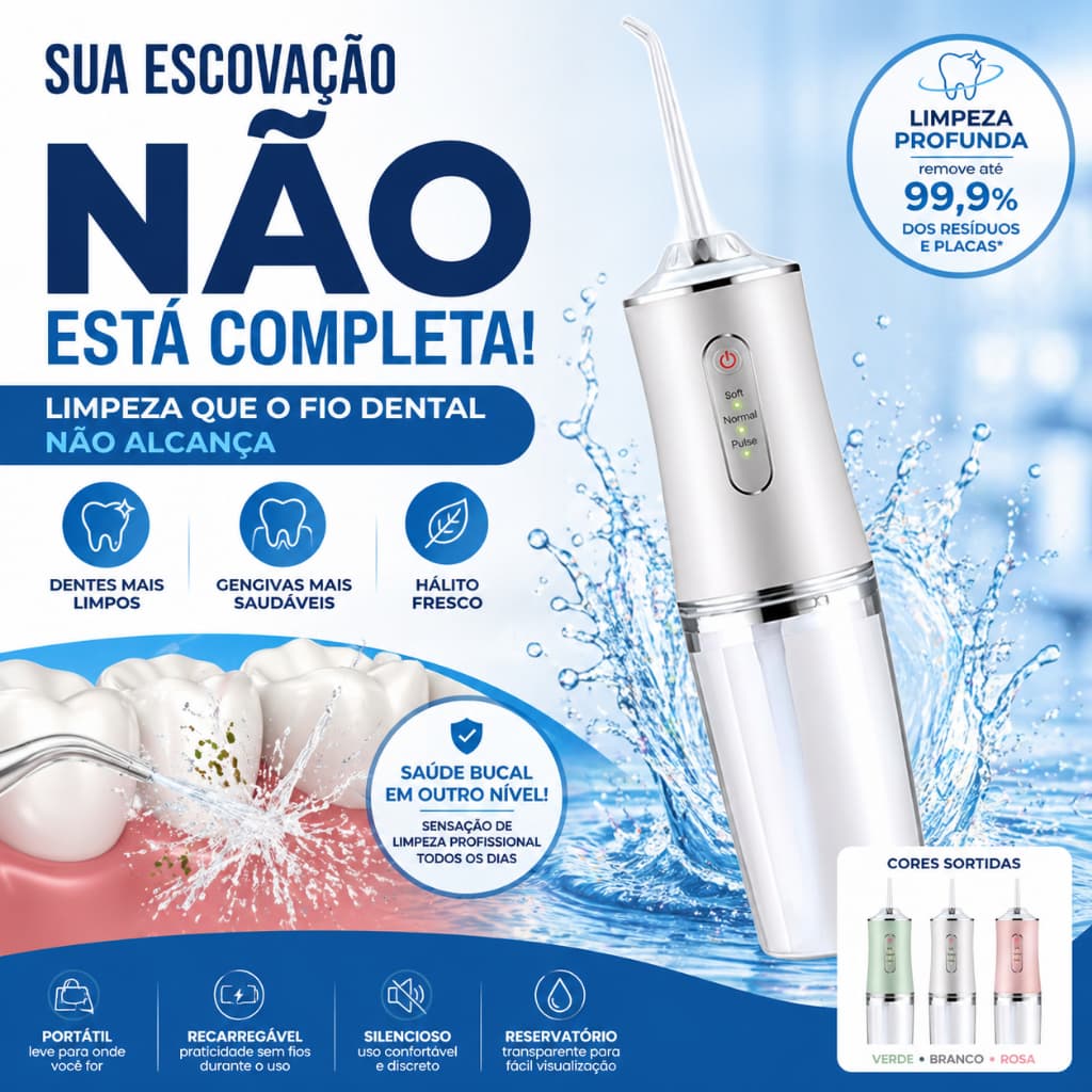 Irrigador Bucal Portátil Alta Pressão Recarregável Limpeza Profunda Para Aparelho e Gengiva Sensível